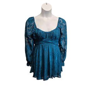 Allison & Kelly Babydoll Dress Size Large Teal Poet Sleeve Coquette Romantic